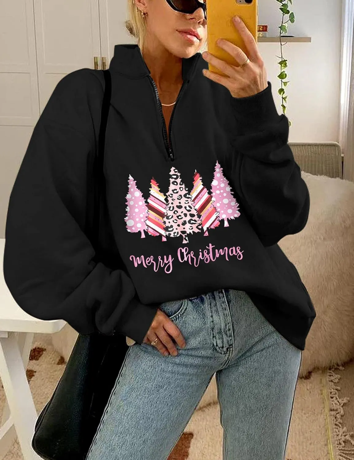 Womens Oversized Christmas Sweatshirt Half Zip Pullover Long Sleeve Quarter Zip Tops Teen Girls Fall Fashion 2024 Y2K Clothes