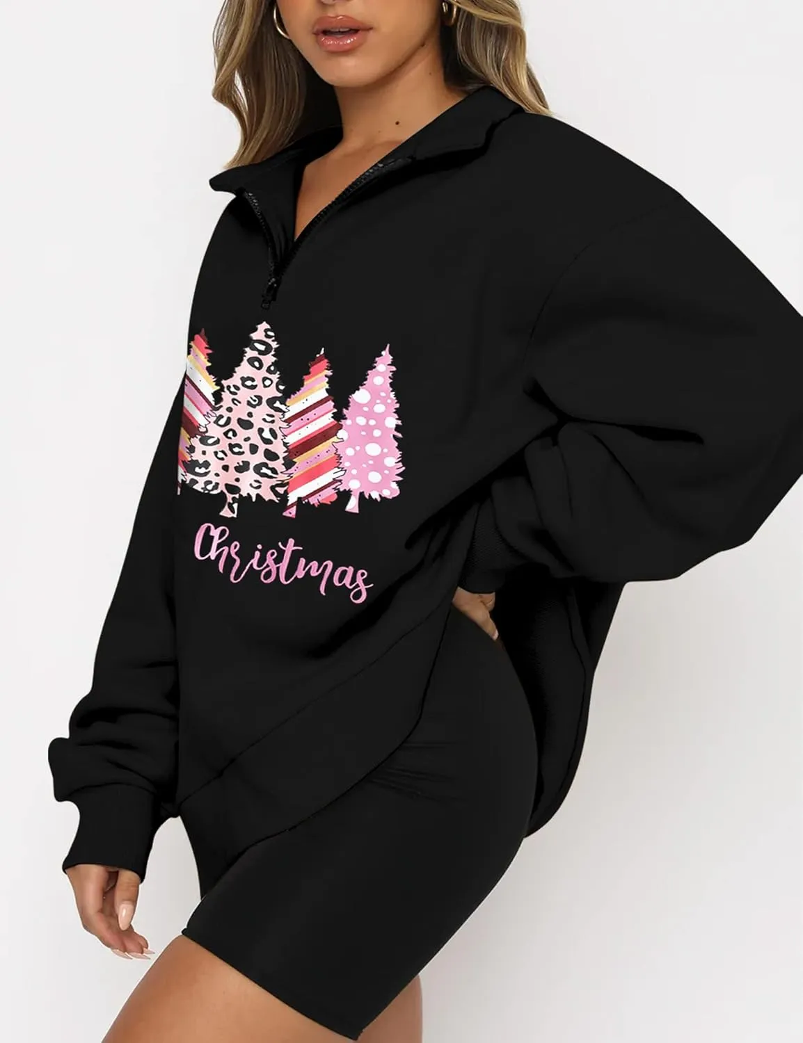 Womens Oversized Christmas Sweatshirt Half Zip Pullover Long Sleeve Quarter Zip Tops Teen Girls Fall Fashion 2024 Y2K Clothes