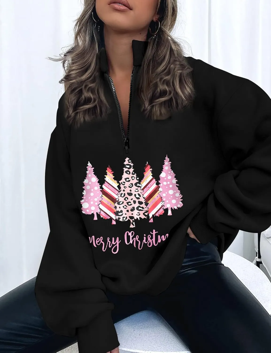 Womens Oversized Christmas Sweatshirt Half Zip Pullover Long Sleeve Quarter Zip Tops Teen Girls Fall Fashion 2024 Y2K Clothes
