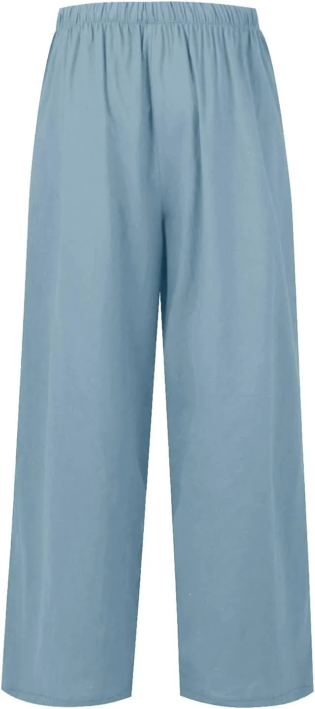 Women's Palazzo Linen Pants Summer Flowy Beach Pants Drawstring High Waisted Wide Leg Lounge Trousers with Pockets