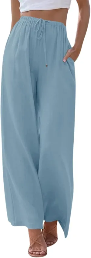 Women's Palazzo Linen Pants Summer Flowy Beach Pants Drawstring High Waisted Wide Leg Lounge Trousers with Pockets