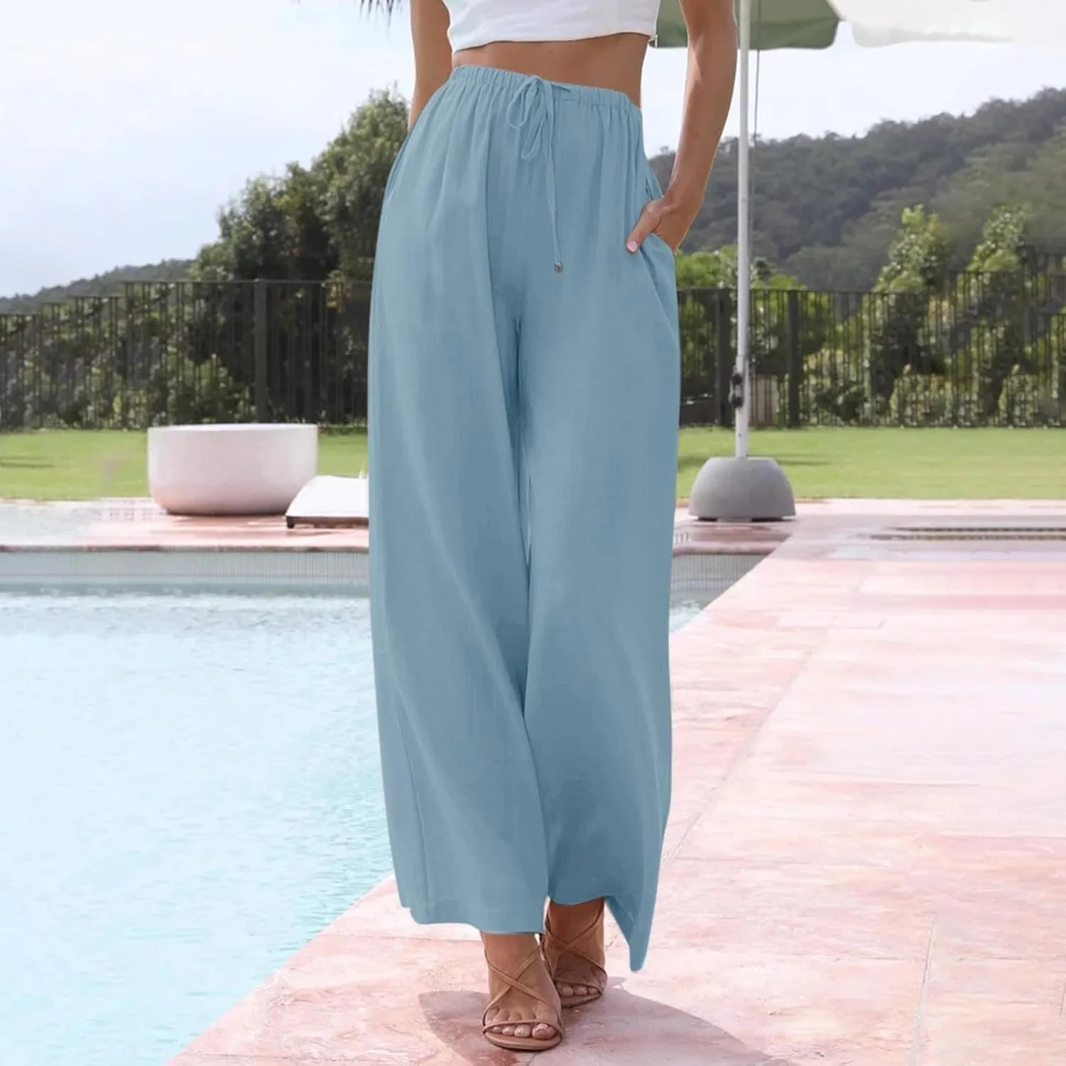 Women's Palazzo Linen Pants Summer Flowy Beach Pants Drawstring High Waisted Wide Leg Lounge Trousers with Pockets