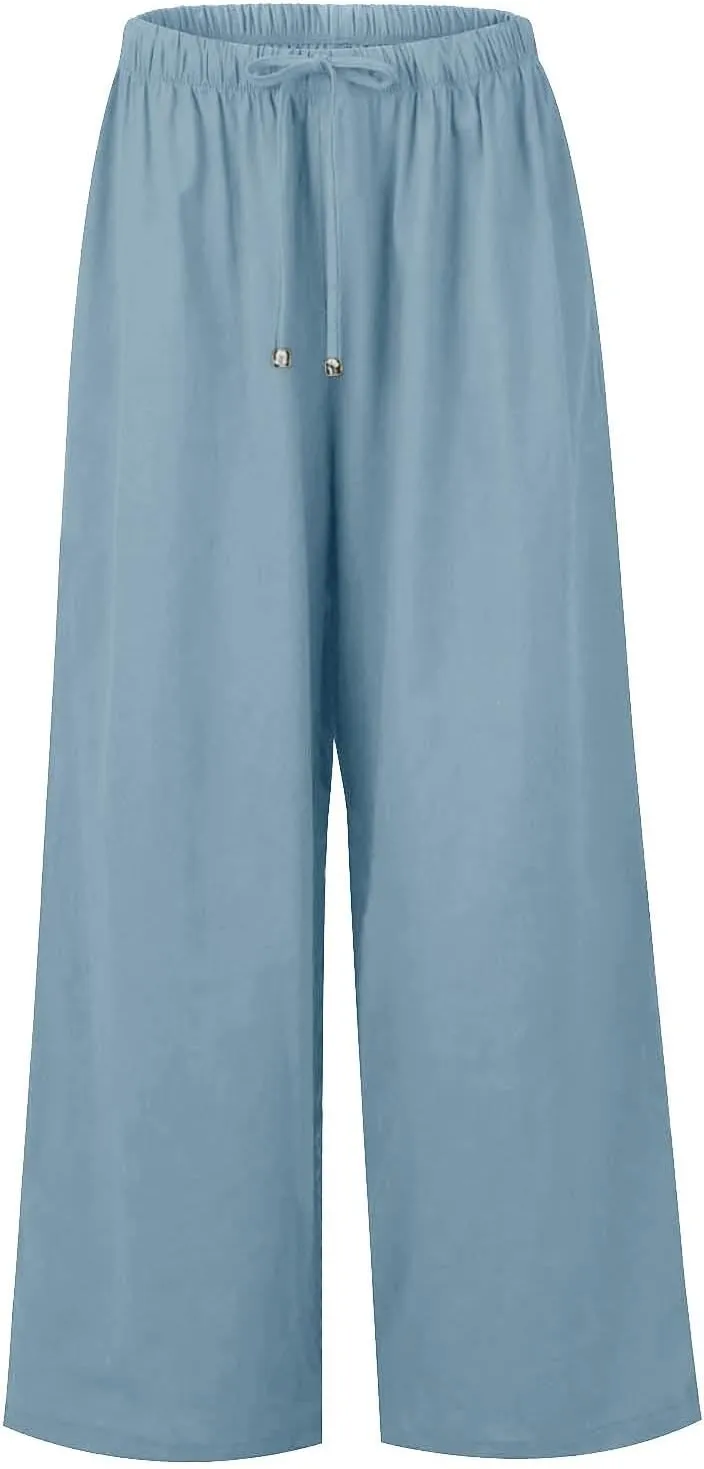 Women's Palazzo Linen Pants Summer Flowy Beach Pants Drawstring High Waisted Wide Leg Lounge Trousers with Pockets