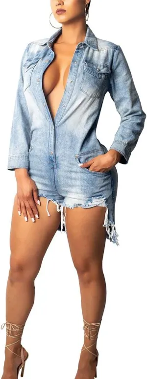 Women's Sexy Denim Jumpsuit Short Pants Bodycon Jumpsuit Rompers