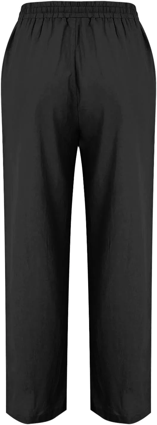Women's Straight Leg Pants Cotton Linen Blend Casual Trousers with Tie Waist for Spring Solid Color High Waist 2025