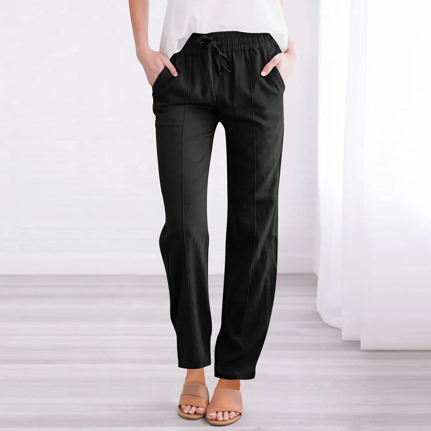 Women's Straight Leg Pants Cotton Linen Blend Casual Trousers with Tie Waist for Spring Solid Color High Waist 2025