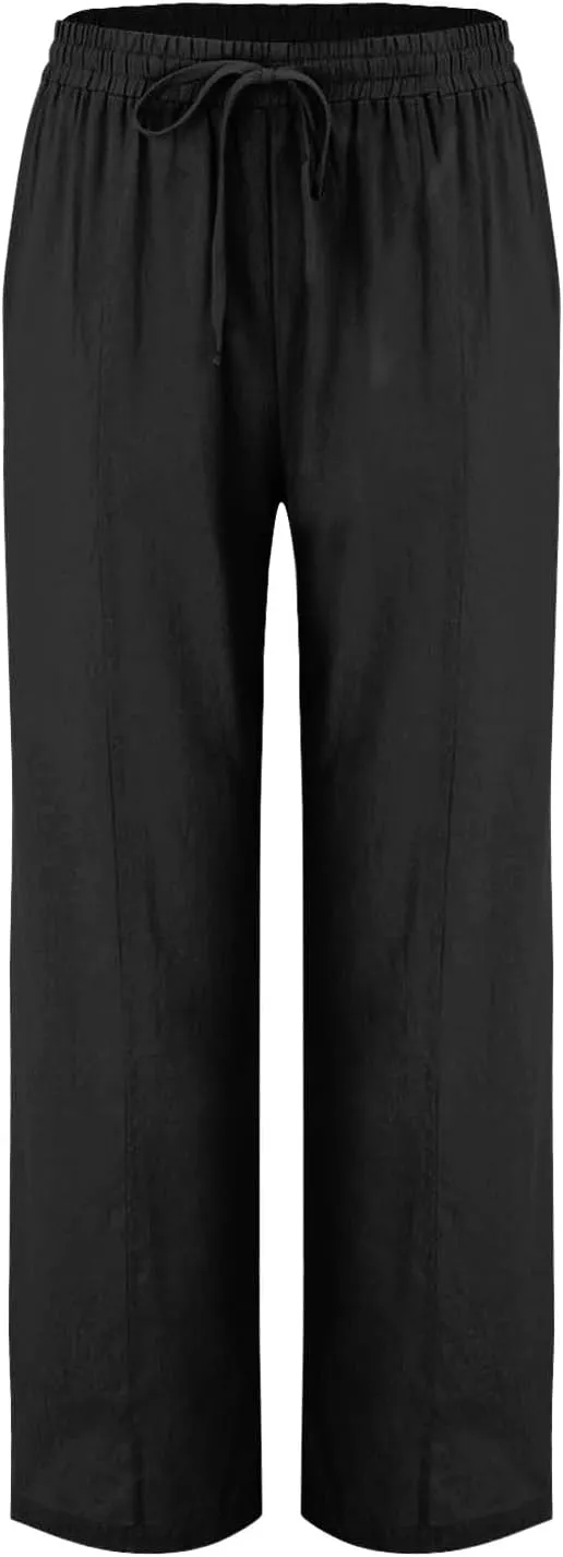Women's Straight Leg Pants Cotton Linen Blend Casual Trousers with Tie Waist for Spring Solid Color High Waist 2025