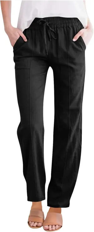 Women's Straight Leg Pants Cotton Linen Blend Casual Trousers with Tie Waist for Spring Solid Color High Waist 2025