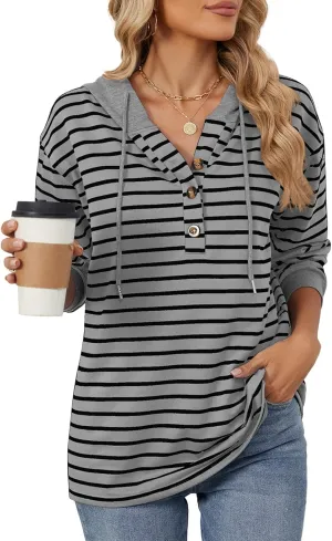 Womens Striped Oversized Hoodies Sweatshirts Color Block Long Sleeve Button Down Drawstring Casual Pullover Tops