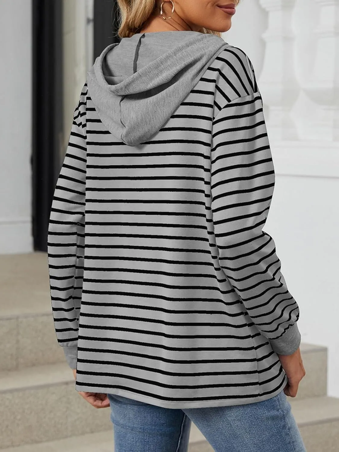 Womens Striped Oversized Hoodies Sweatshirts Color Block Long Sleeve Button Down Drawstring Casual Pullover Tops