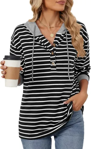 Womens Striped Oversized Hoodies Sweatshirts Color Block Long Sleeve Button Down Drawstring Casual Pullover Tops