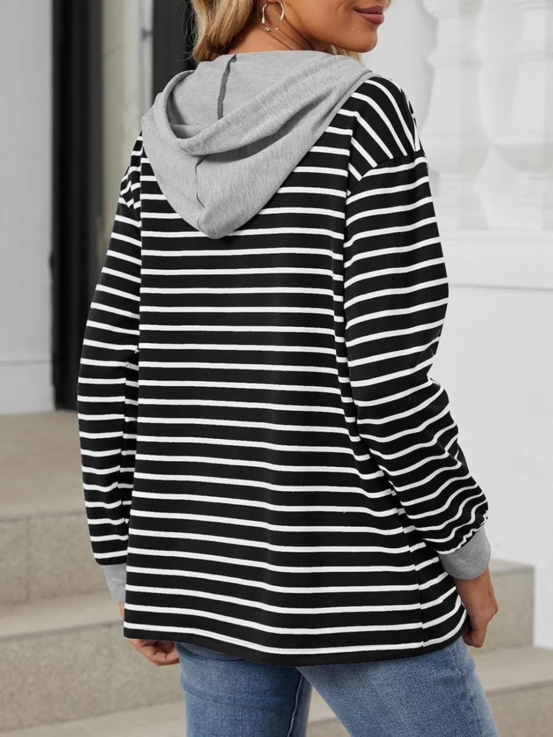 Womens Striped Oversized Hoodies Sweatshirts Color Block Long Sleeve Button Down Drawstring Casual Pullover Tops