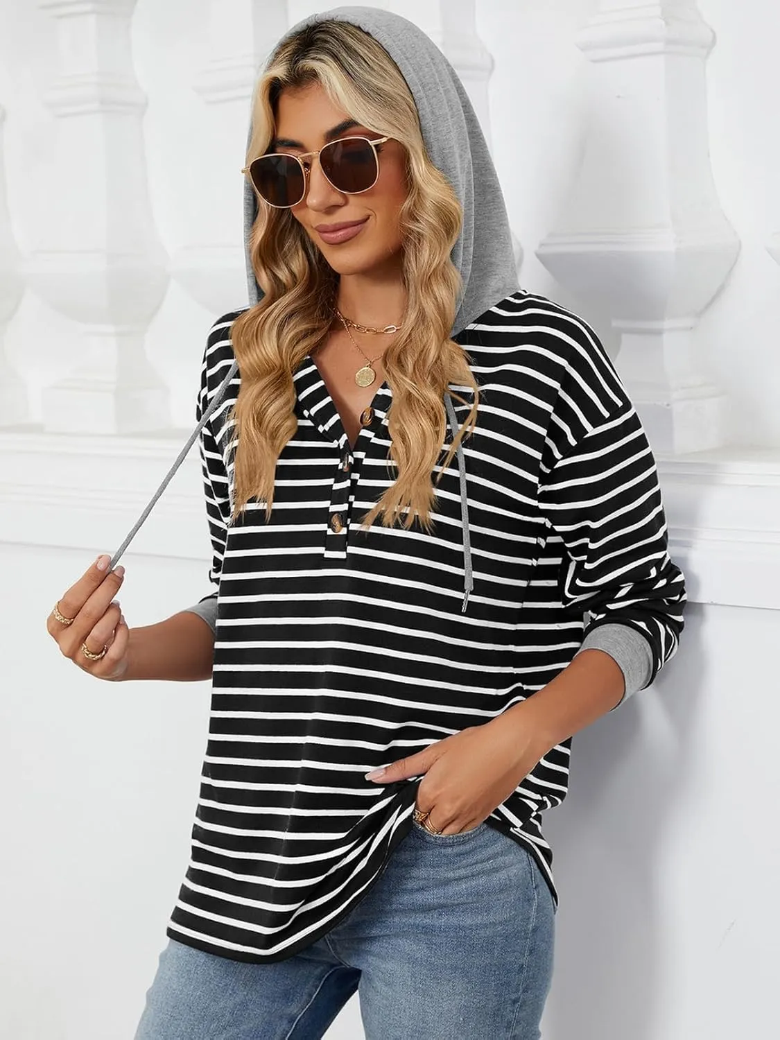 Womens Striped Oversized Hoodies Sweatshirts Color Block Long Sleeve Button Down Drawstring Casual Pullover Tops