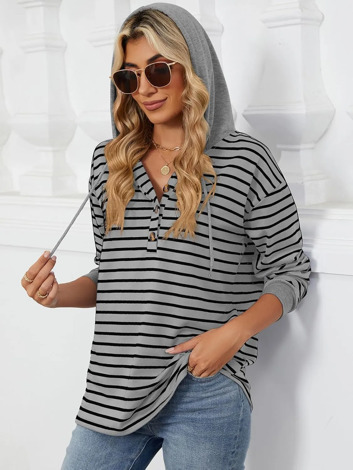 Womens Striped Oversized Hoodies Sweatshirts Color Block Long Sleeve Button Down Drawstring Casual Pullover Tops