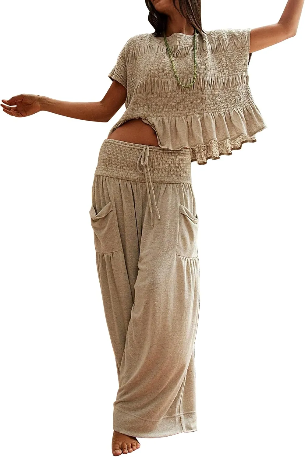 Womens Summer 2 Piece Outfits Smocked Tops Elastic Waist Wide Leg Pants with Pockets Casual Boho Lounge Matching Set