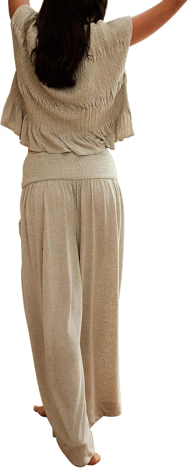 Womens Summer 2 Piece Outfits Smocked Tops Elastic Waist Wide Leg Pants with Pockets Casual Boho Lounge Matching Set
