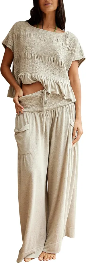 Womens Summer 2 Piece Outfits Smocked Tops Elastic Waist Wide Leg Pants with Pockets Casual Boho Lounge Matching Set
