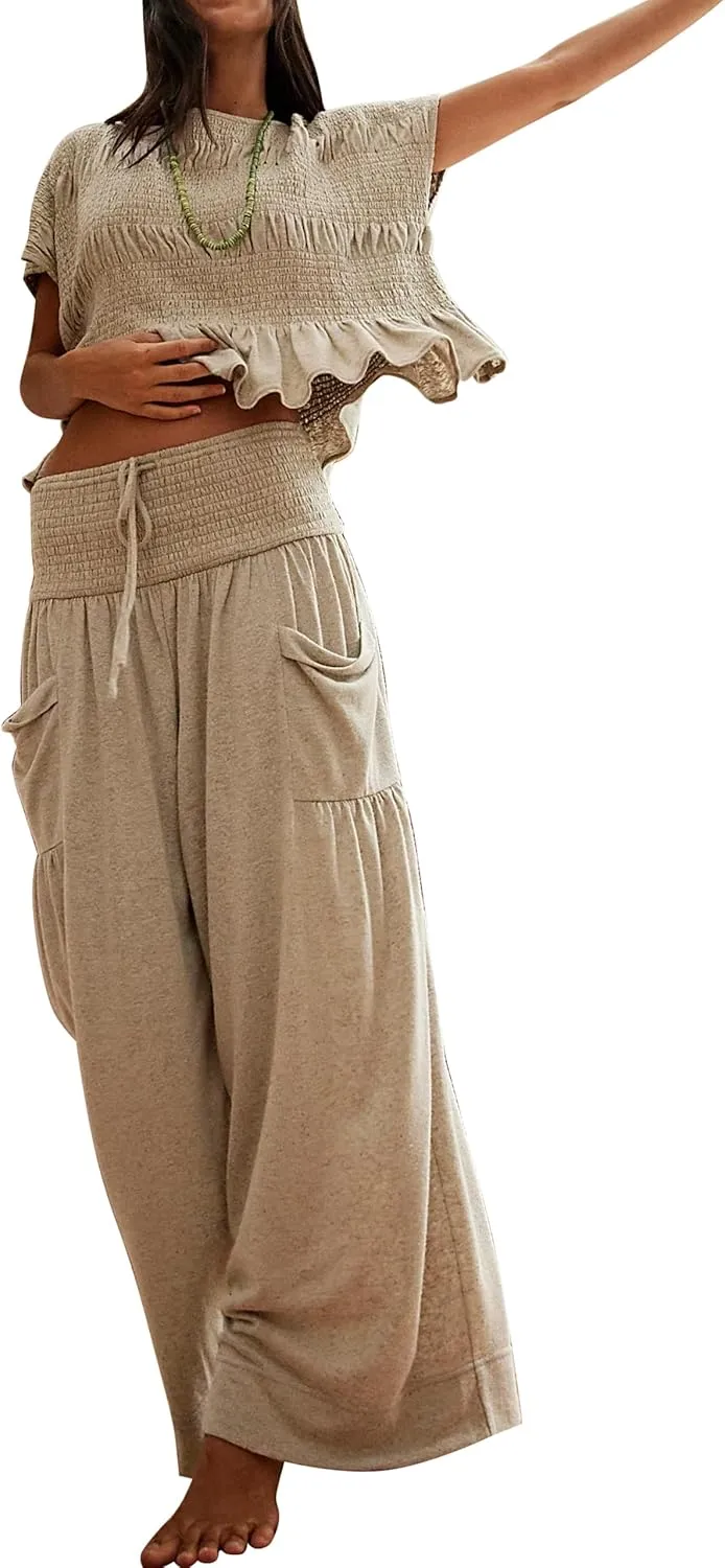 Womens Summer 2 Piece Outfits Smocked Tops Elastic Waist Wide Leg Pants with Pockets Casual Boho Lounge Matching Set