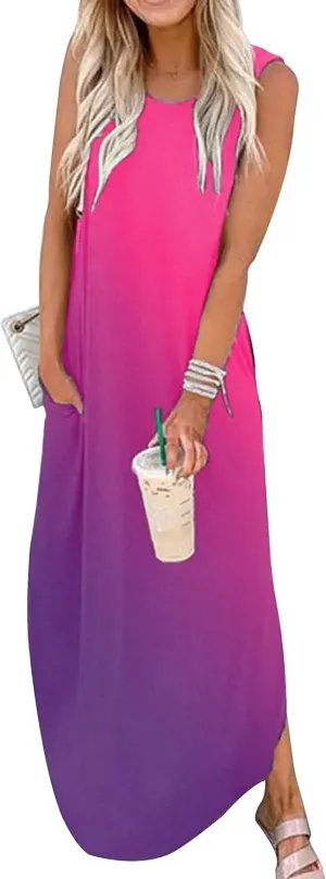Women's Summer Beach Long Dress Sleeveless Maxi Dress with Pockets Hawaiian Beach Rainbow Graphics Tank Shirt Dresses