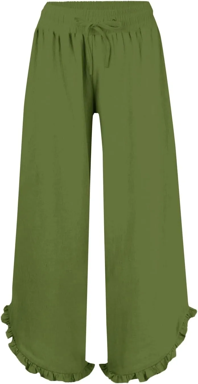 Womens Summer Cotton Linen Lightweight Pants Solid Color Wide Leg Palazzo Trousers Drawstring Waist Pant with Pockets