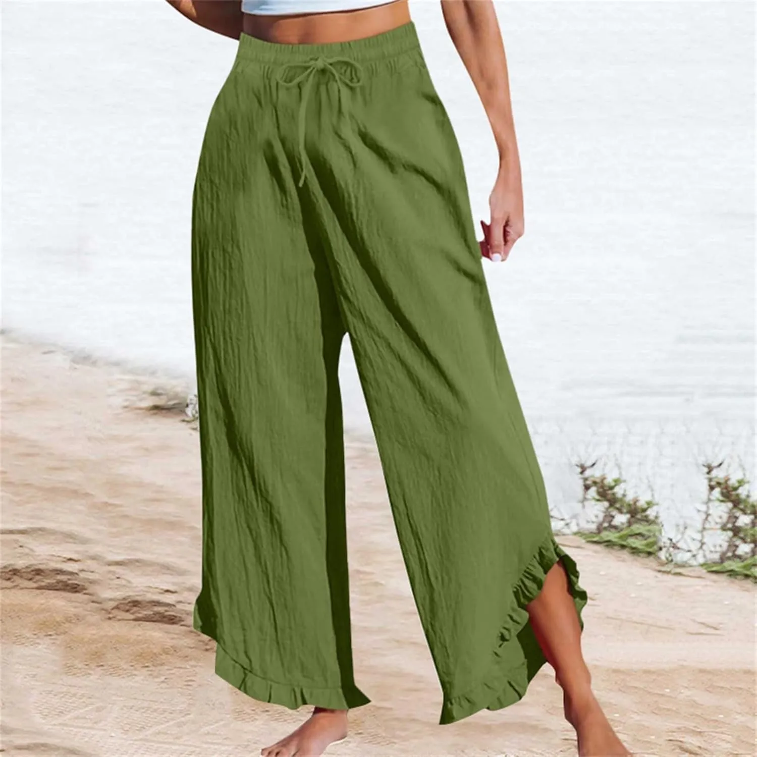 Womens Summer Cotton Linen Lightweight Pants Solid Color Wide Leg Palazzo Trousers Drawstring Waist Pant with Pockets