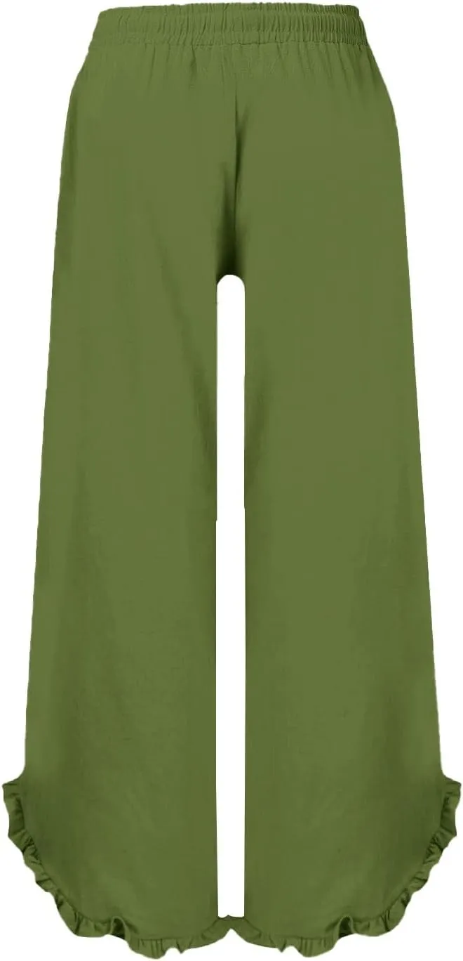 Womens Summer Cotton Linen Lightweight Pants Solid Color Wide Leg Palazzo Trousers Drawstring Waist Pant with Pockets