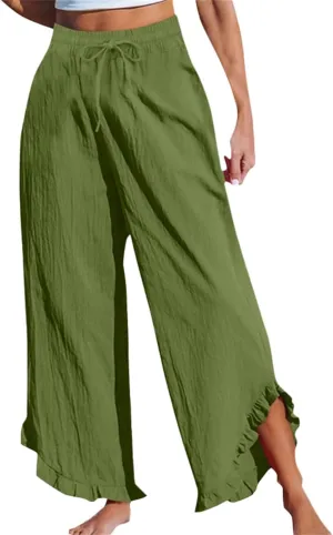 Womens Summer Cotton Linen Lightweight Pants Solid Color Wide Leg Palazzo Trousers Drawstring Waist Pant with Pockets