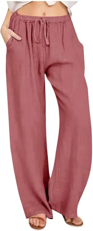 Womens Summer Linen Pants Casual Button up High Waisted Pant Dressy Wide Leg Long Trousers Pant Palazzo Lounge Pants