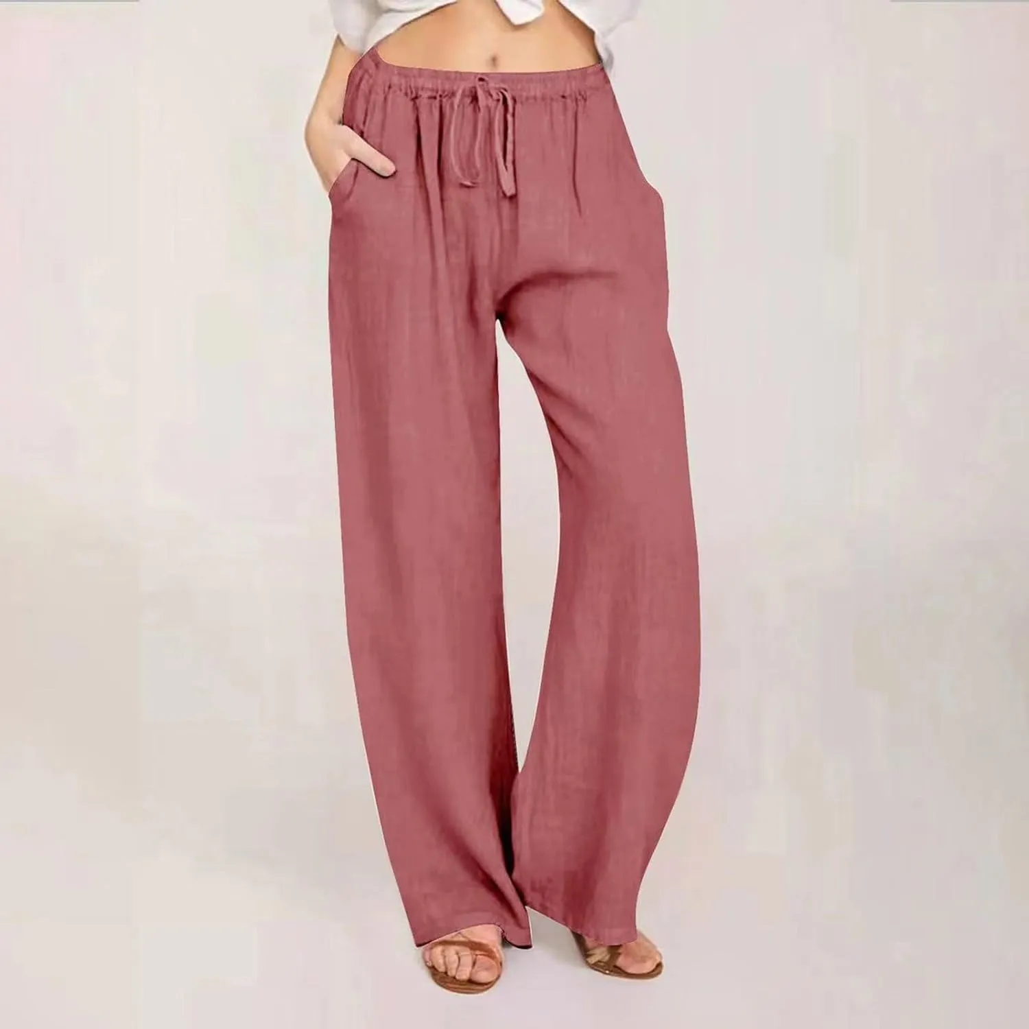 Womens Summer Linen Pants Casual Button up High Waisted Pant Dressy Wide Leg Long Trousers Pant Palazzo Lounge Pants