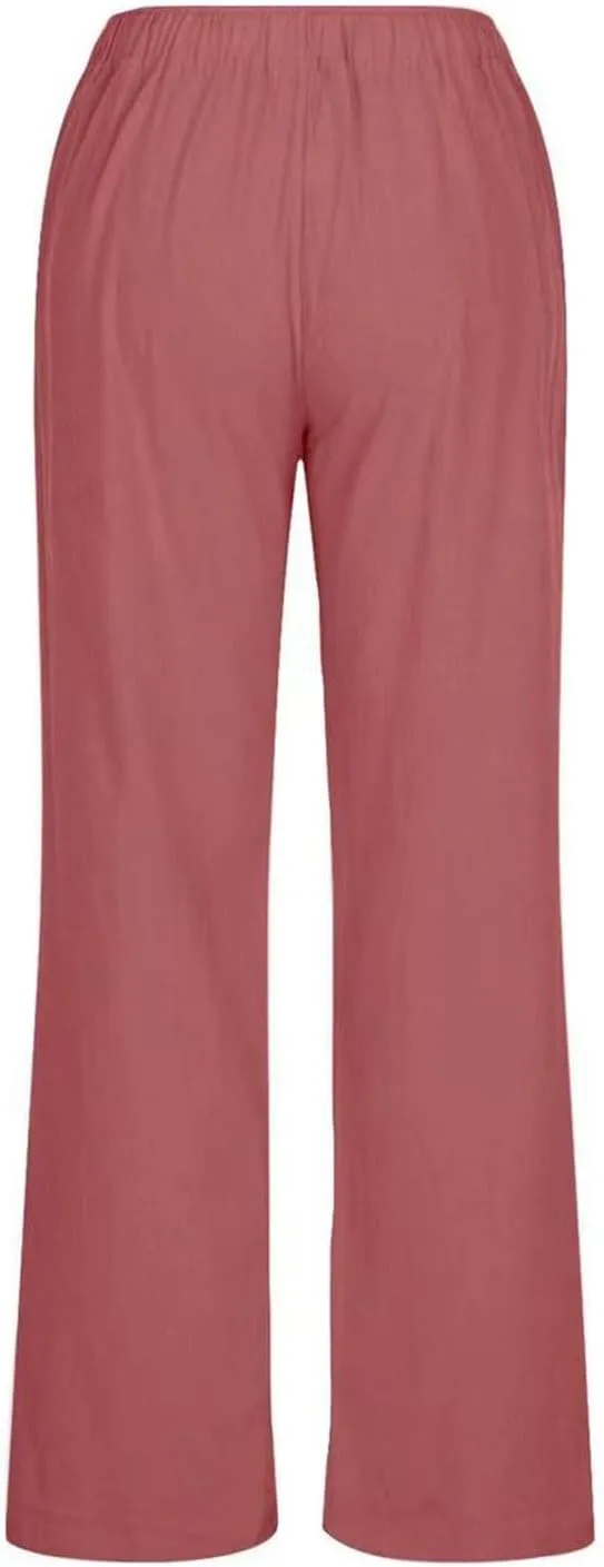 Womens Summer Linen Pants Casual Button up High Waisted Pant Dressy Wide Leg Long Trousers Pant Palazzo Lounge Pants