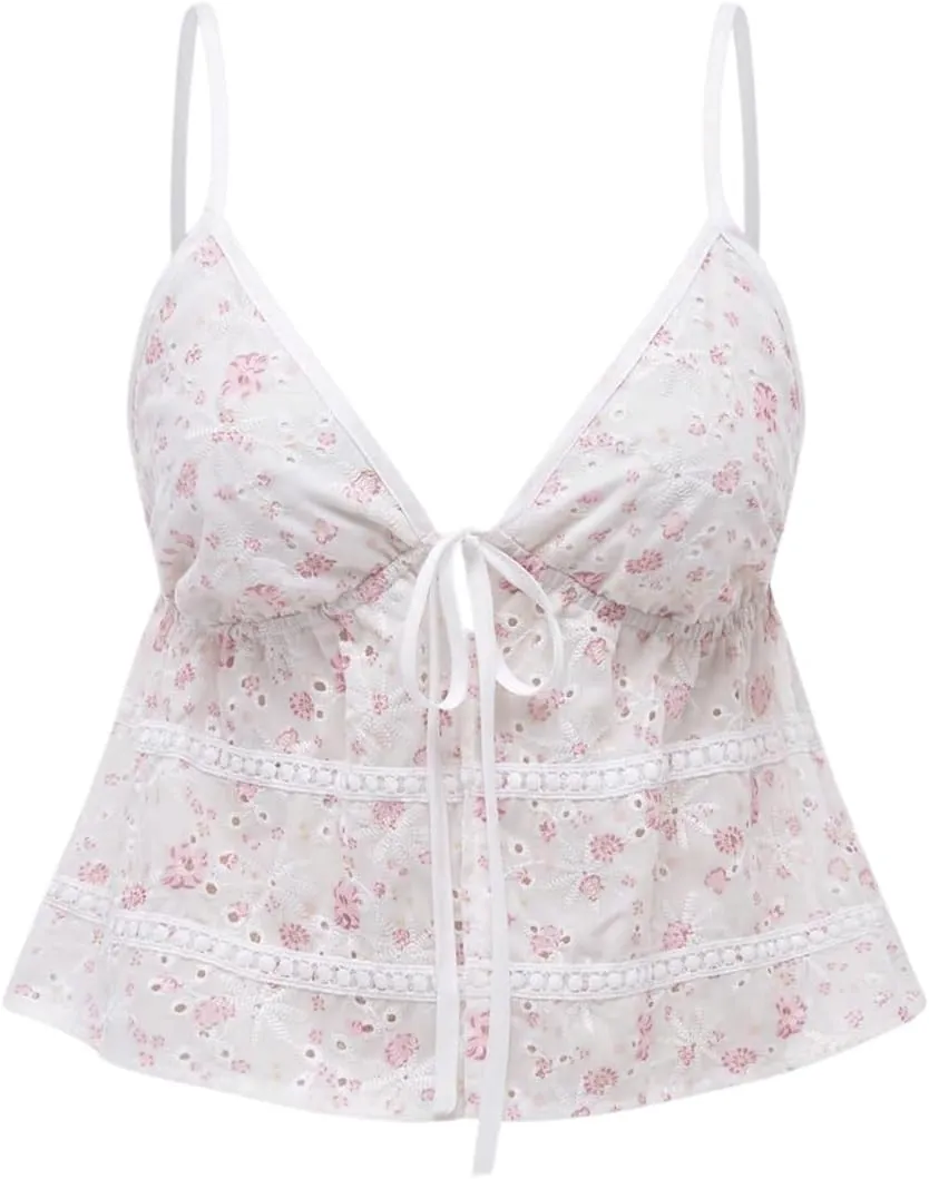 Women's Tie Front Ditsy Floral Camisole Tops Ruffle Hem Eyelet Embroidery Spaghetti Strap Tank Top