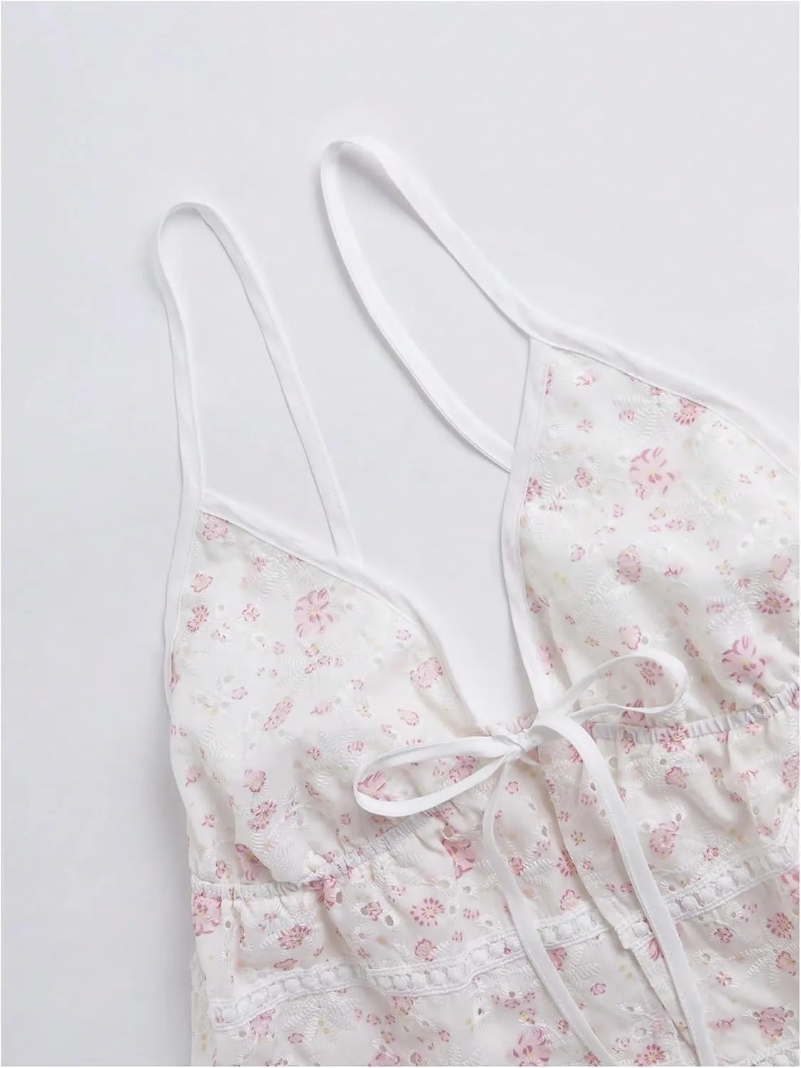 Women's Tie Front Ditsy Floral Camisole Tops Ruffle Hem Eyelet Embroidery Spaghetti Strap Tank Top