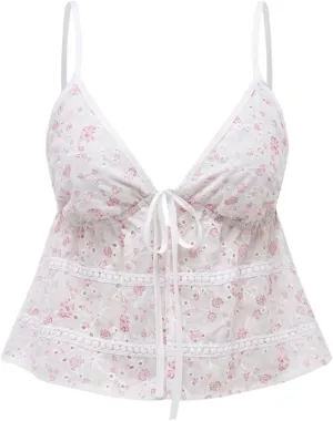 Women's Tie Front Ditsy Floral Camisole Tops Ruffle Hem Eyelet Embroidery Spaghetti Strap Tank Top