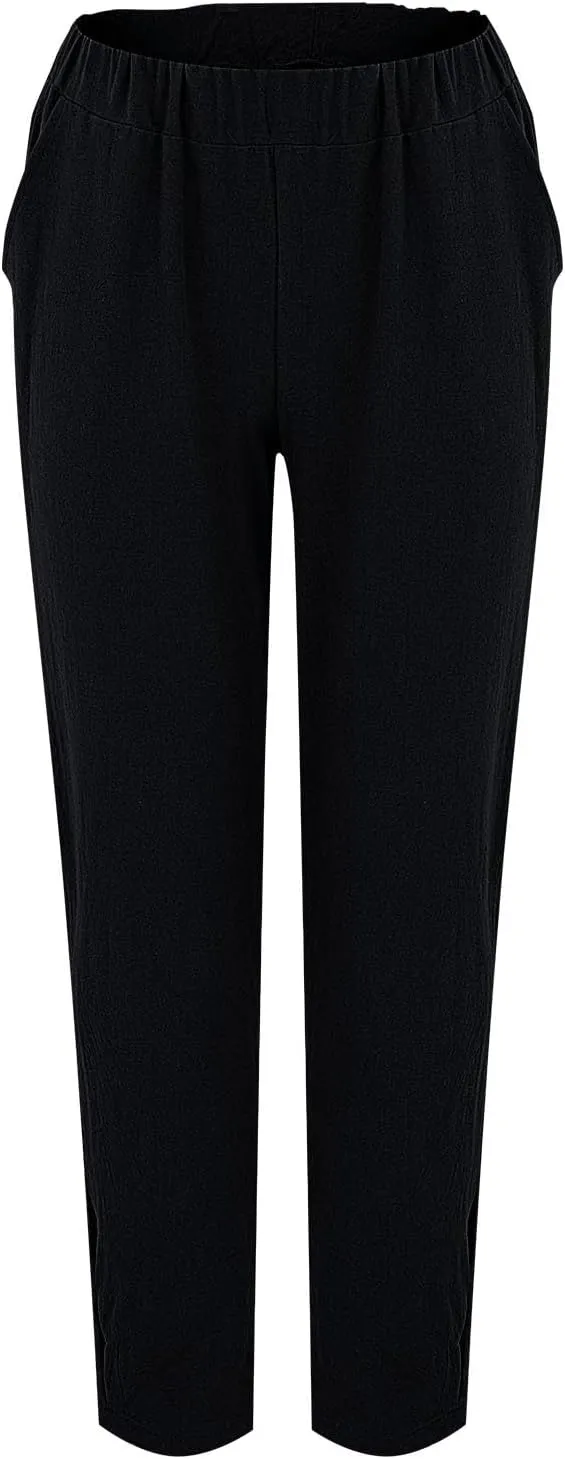 Women's Trendy Linen Pants Summer Casual Loose Elastic Waist Lounge Pants Hollow Out Yoga Beach Trousers with Pockets