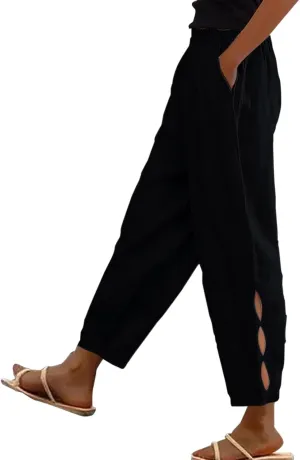 Women's Trendy Linen Pants Summer Casual Loose Elastic Waist Lounge Pants Hollow Out Yoga Beach Trousers with Pockets