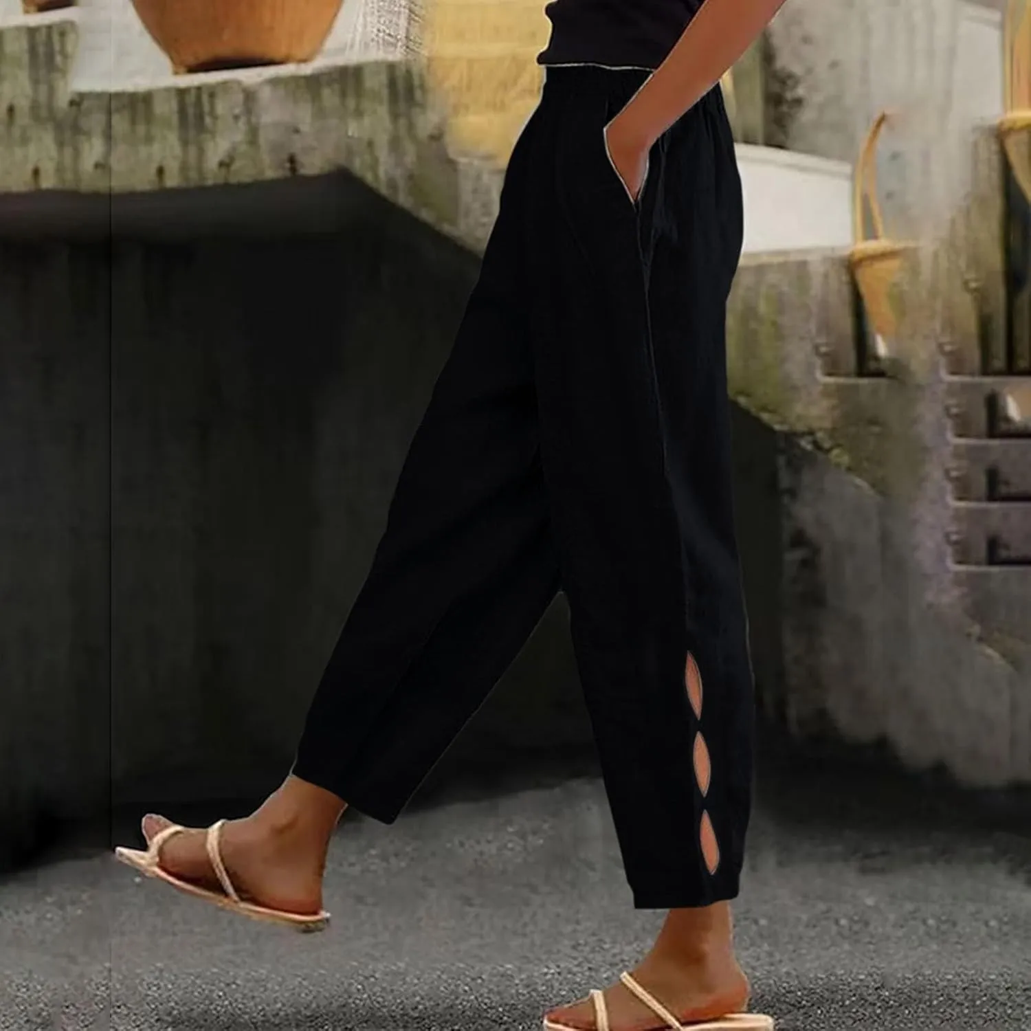Women's Trendy Linen Pants Summer Casual Loose Elastic Waist Lounge Pants Hollow Out Yoga Beach Trousers with Pockets