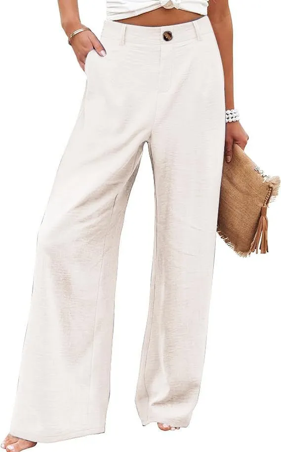 Women's Wide Leg Casual Long Pants High Elastic Waisted in The Back Business Offices Trousers Straight Pants with Pocket