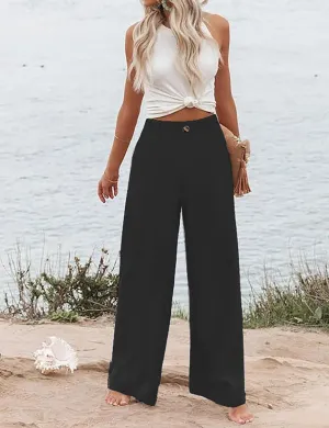 Women's Wide Leg Casual Long Pants High Elastic Waisted in The Back Business Offices Trousers Straight Pants with Pocket