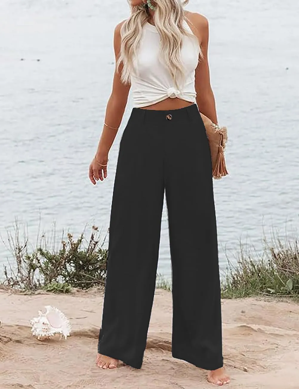 Women's Wide Leg Casual Long Pants High Elastic Waisted in The Back Business Offices Trousers Straight Pants with Pocket