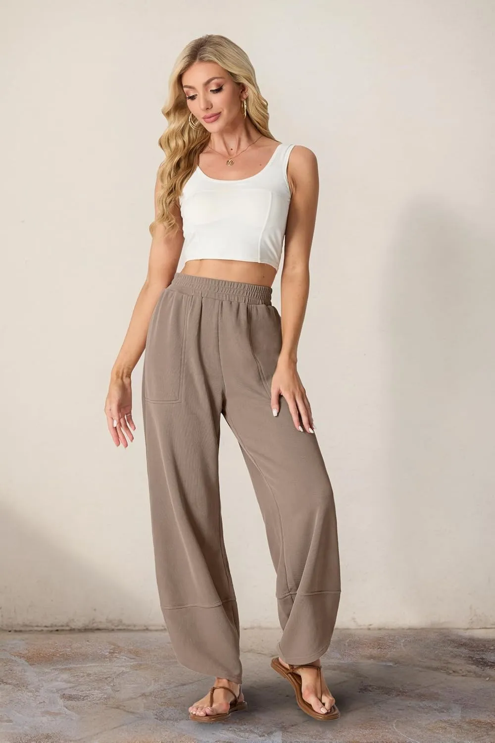 Womens Wide Leg Harem Pants Casual Loose Elastic Waist Solid Color Comfy Palazzo Lounge Baggy Sweatpants with Pockets