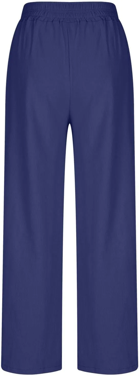 Womens Wide Leg Linen Pants Palazzo Pants with Pockets Smocked Elastic Waist Casual Trousers Summer Bottoms
