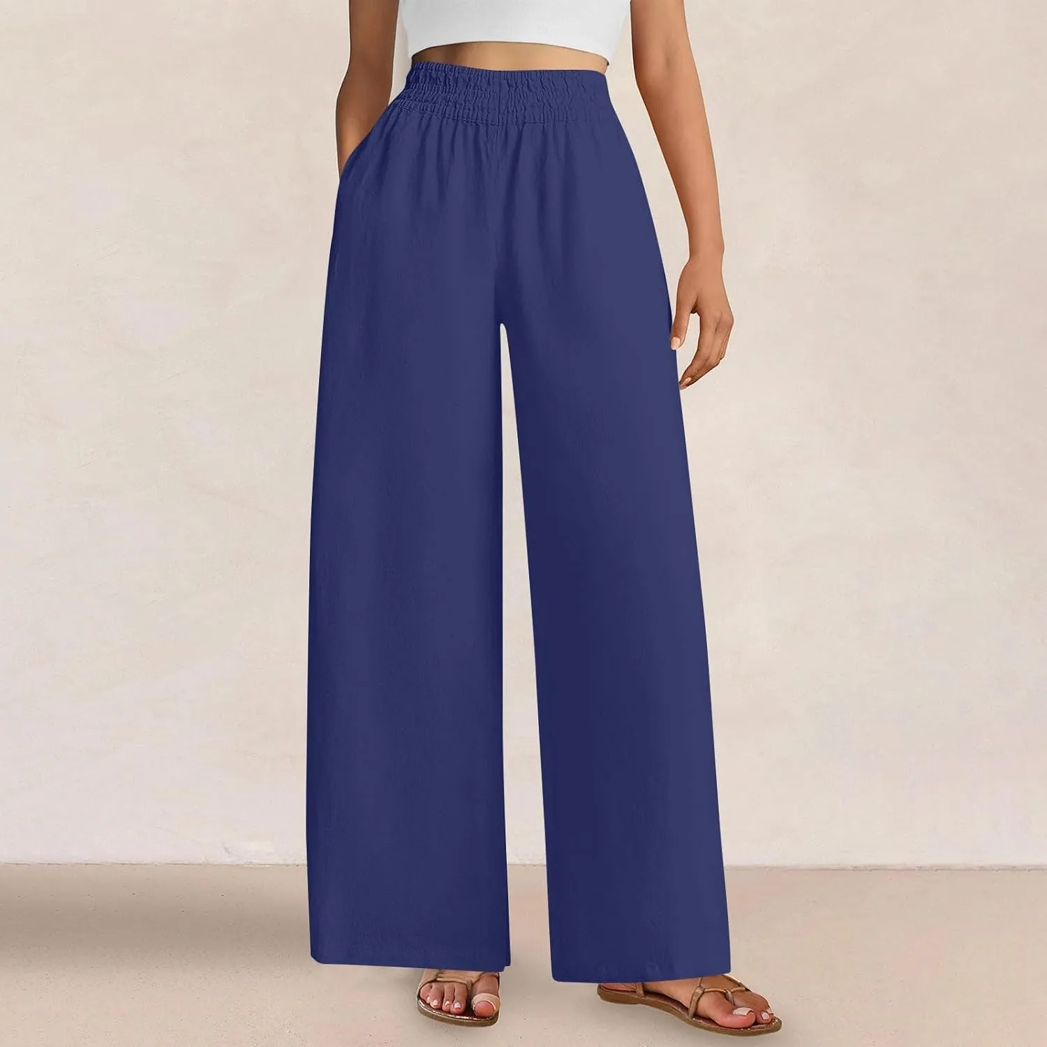 Womens Wide Leg Linen Pants Palazzo Pants with Pockets Smocked Elastic Waist Casual Trousers Summer Bottoms