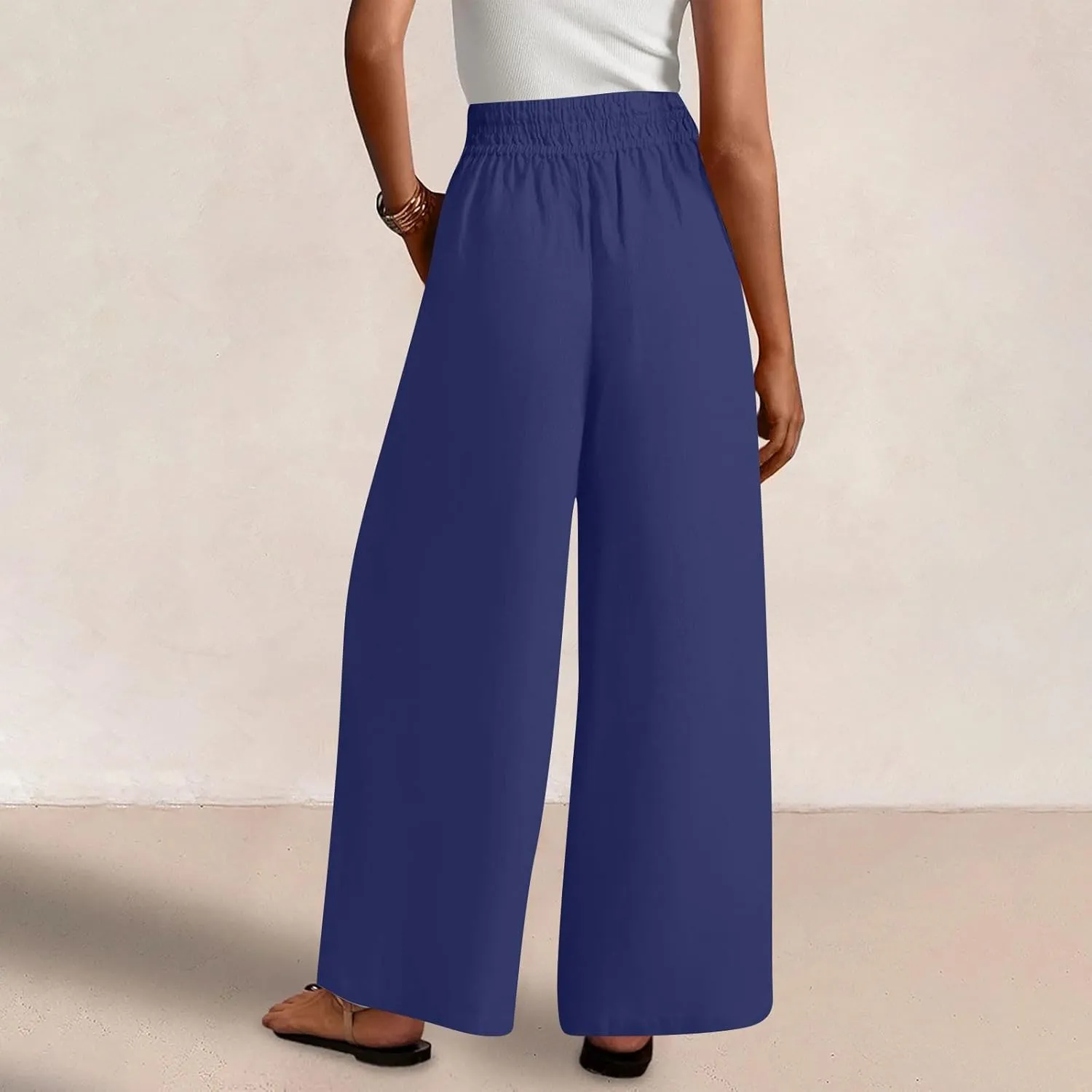 Womens Wide Leg Linen Pants Palazzo Pants with Pockets Smocked Elastic Waist Casual Trousers Summer Bottoms