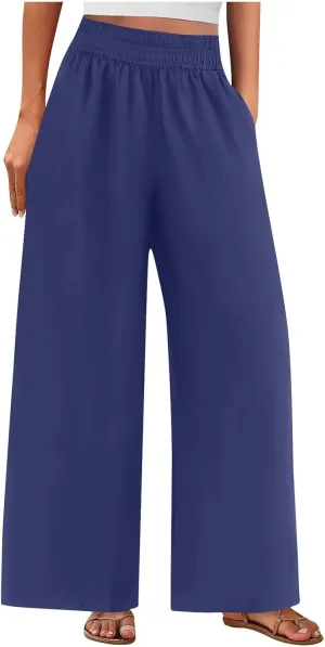 Womens Wide Leg Linen Pants Palazzo Pants with Pockets Smocked Elastic Waist Casual Trousers Summer Bottoms