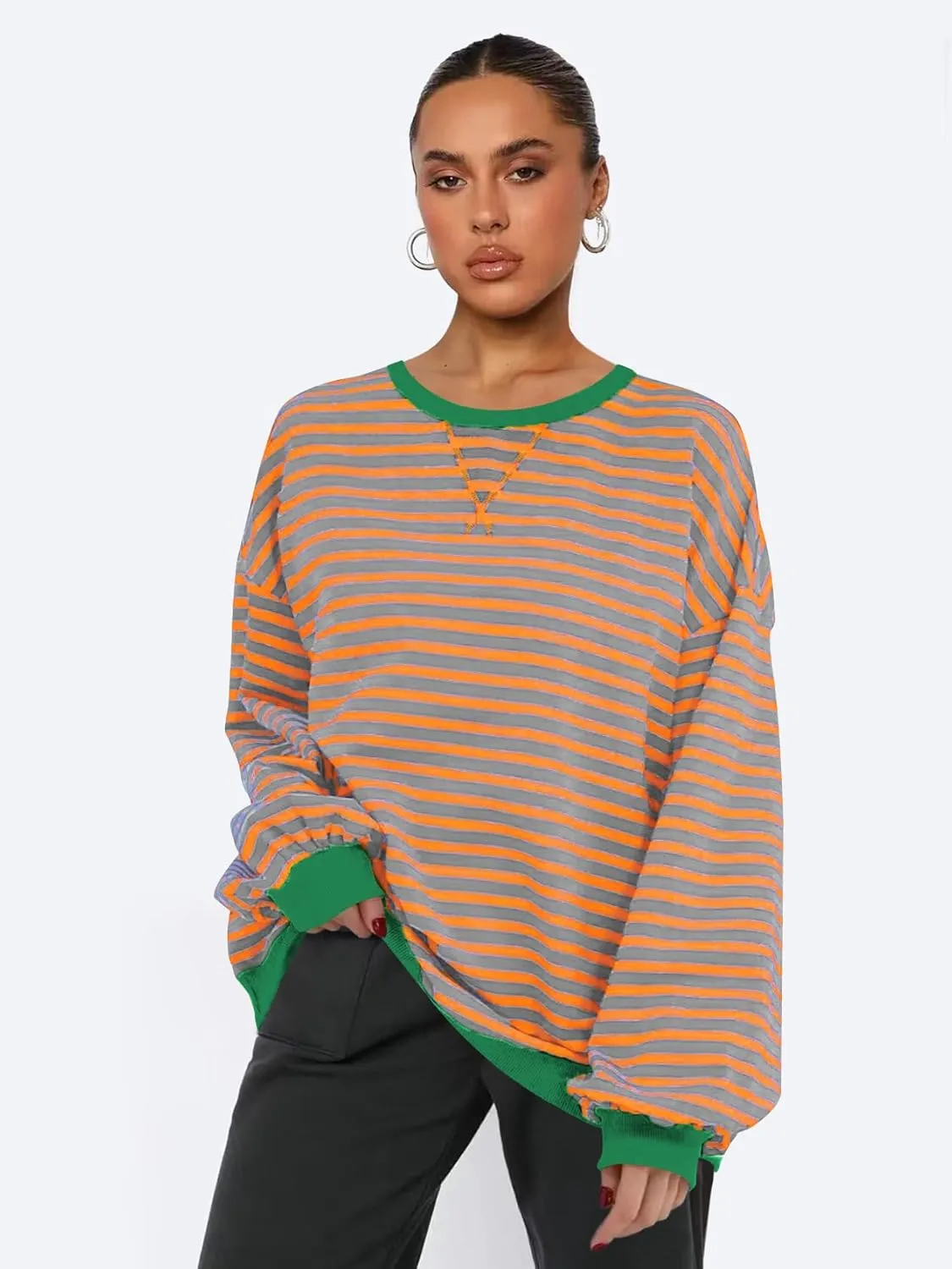 Wowcarbazole Women's Striped Sweatshirts Long Sleeve Crewneck Oversized Hoodies Casual Color Block Loose Pullover Tops