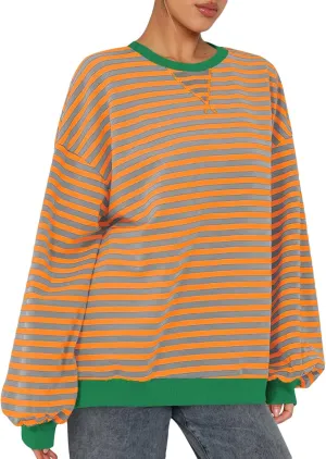 Wowcarbazole Women's Striped Sweatshirts Long Sleeve Crewneck Oversized Hoodies Casual Color Block Loose Pullover Tops
