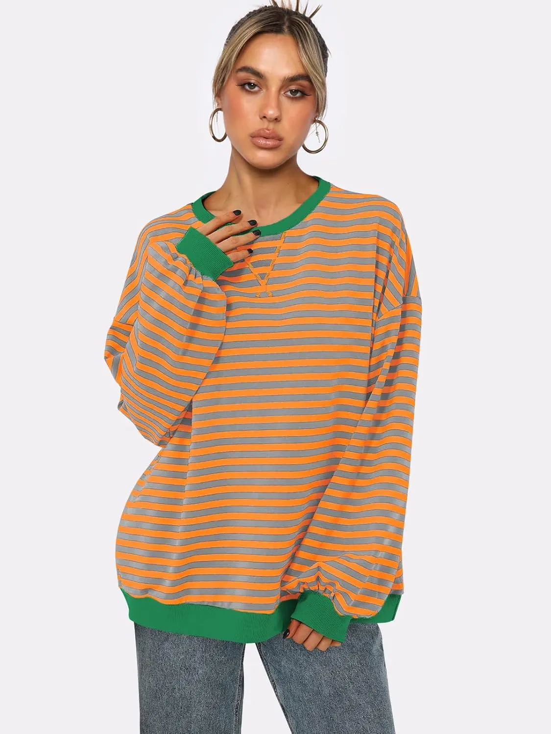 Wowcarbazole Women's Striped Sweatshirts Long Sleeve Crewneck Oversized Hoodies Casual Color Block Loose Pullover Tops