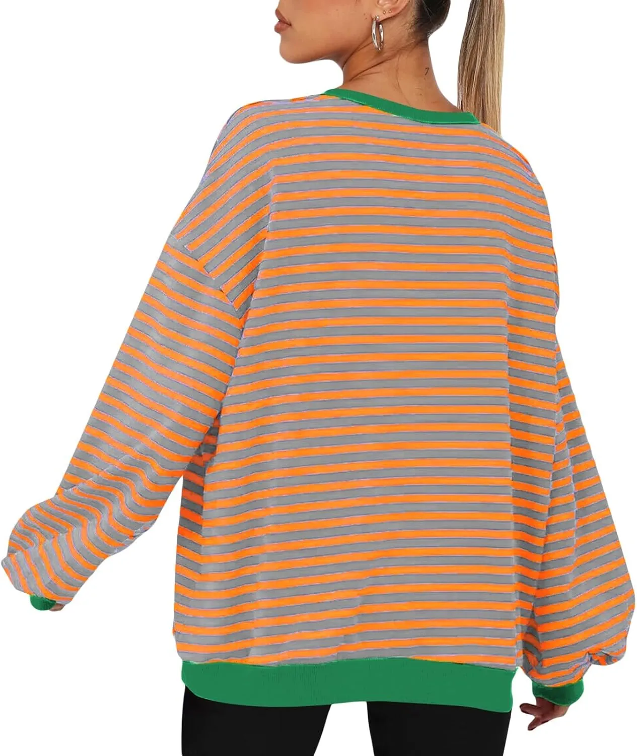 Wowcarbazole Women's Striped Sweatshirts Long Sleeve Crewneck Oversized Hoodies Casual Color Block Loose Pullover Tops