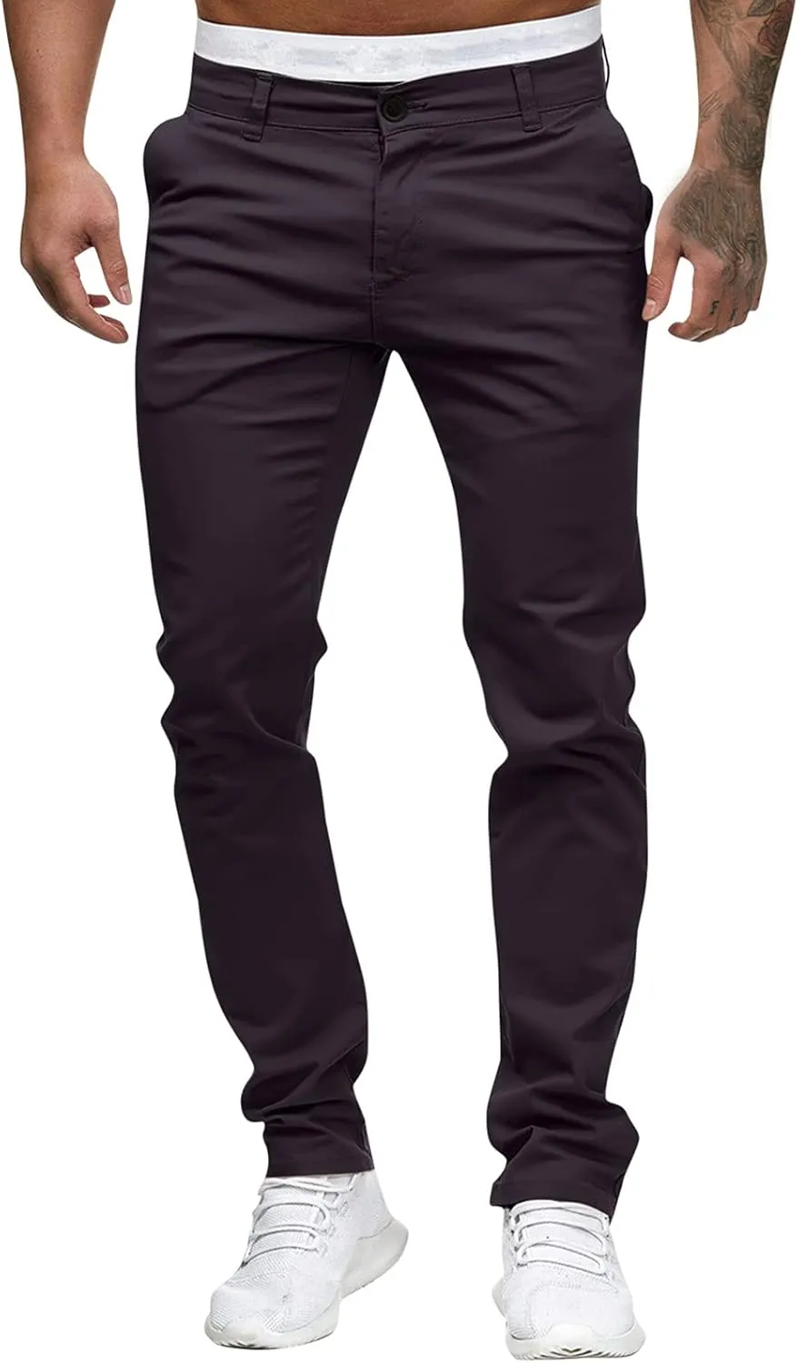WUAI-Men Stretch Flat Front Chino Pant Slim Fit Casual Elastic Waist Workout Jogger Sweatpants Comfy Lounge Pants