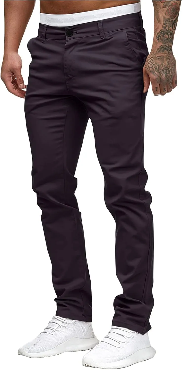 WUAI-Men Stretch Flat Front Chino Pant Slim Fit Casual Elastic Waist Workout Jogger Sweatpants Comfy Lounge Pants